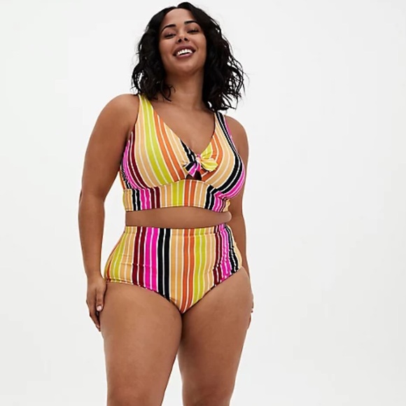 Torrid Multi Stripe Tie Front Wireless Triangle Bikini Top & High Waist Bottom